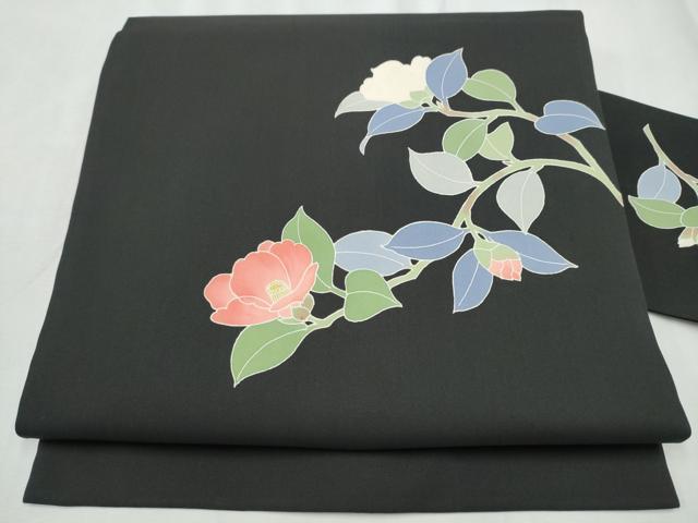 平和屋着物●塩瀬 九寸名古屋帯 友禅 作家物 枝椿 黒地 正絹 逸品 CABD5869hy