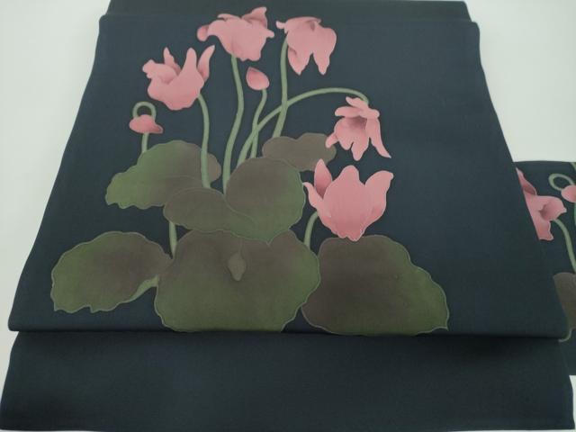 Other - 平和屋着物●塩瀬　九寸名古屋帯　手描き　草花文　黒地　正絹　逸品　DABB4870ps