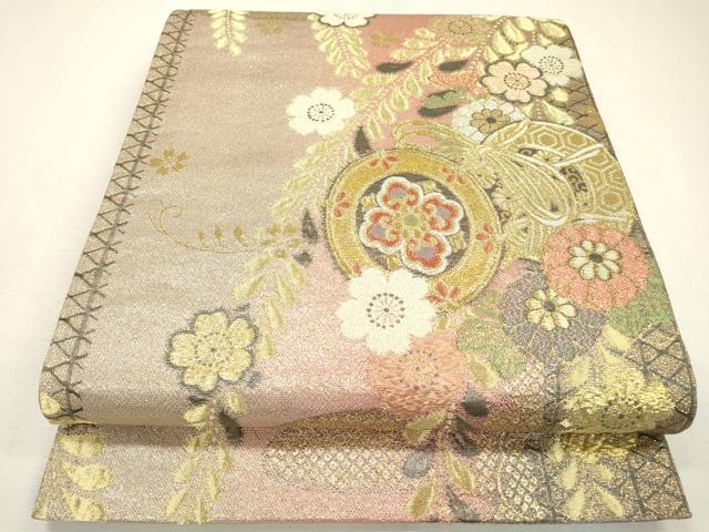 平和屋着物▼六通柄袋帯　ふくれ織　扇鼓花文　金糸　正絹　逸品　DABC6174fe