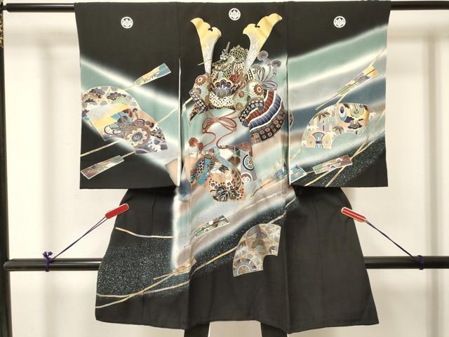 平和屋着物[]お宮参り　男の子　祝着　産着　初着　のしめ　龍　兜　地紙重ね鳳凰笹松文　暈し染め　金銀彩　逸品　DABC5052ma