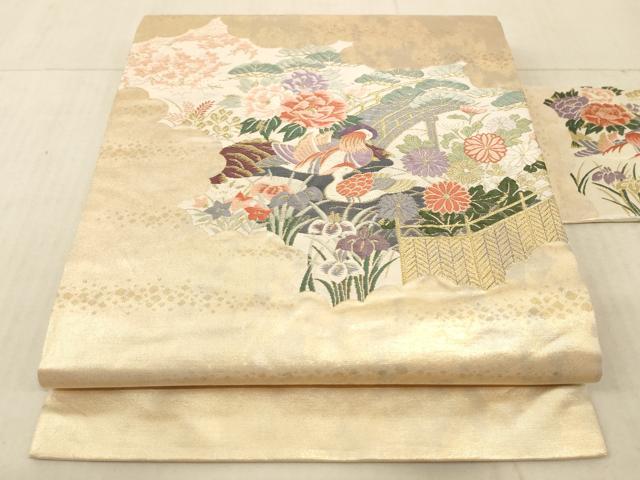 平和屋着物◎九寸名古屋帯　唐織　鴛鴦風景花文　金糸　引箔　正絹　逸品　AAAL8931pf