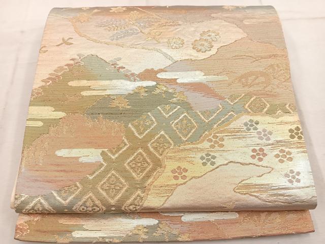 平和屋着物◎六通柄袋帯 片輪車花鳥文 金糸 正絹 逸品 BAAW1940mz