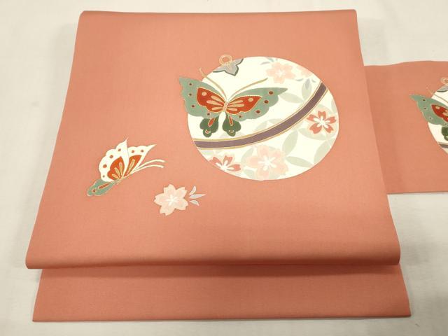 平和屋着物●塩瀬　九寸名古屋帯　駒刺繍　花蝶文　金彩　正絹　逸品　CABG9385dy