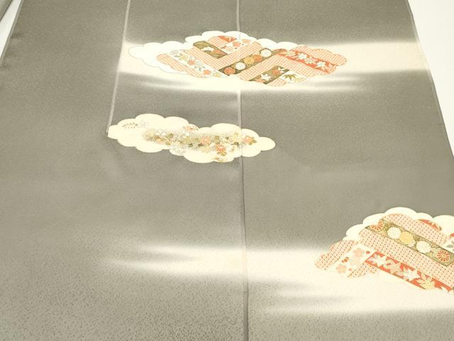 平和屋着物▼付下げ　反物　着尺　駒刺繍　雲取り草花文　暈し染め　金彩　八掛付き　逸品　未使用　DABE6541zy
