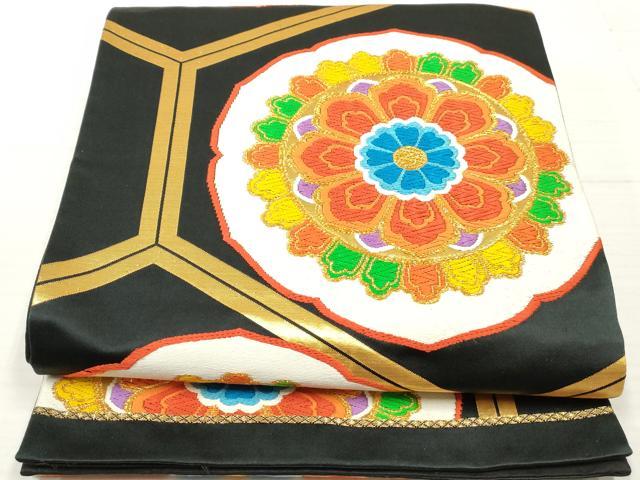 平和屋着物◎六通柄袋帯 唐織 亀甲正倉院花文 黒地 金糸 正絹 逸品 DAAZ8859qa