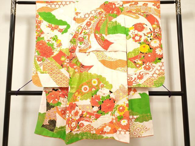 平和屋着物[]七五三　女の子　7歳　祝着　四つ身　駒刺繍　束ね熨斗花文　金彩　逸品　DABH5392ea