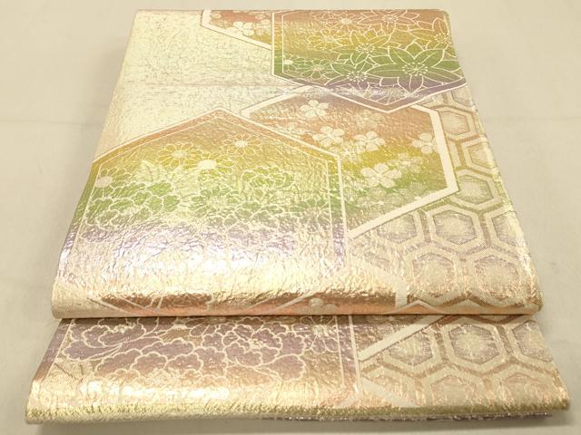 平和屋着物◎両面　六通柄袋帯　亀甲重ね花文　金糸　正絹　逸品　DAAY4518jm