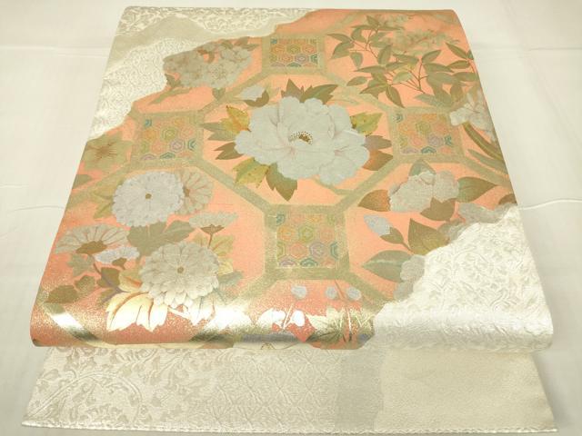 平和屋着物▼太鼓柄袋帯　蜀江牡丹文　金銀彩　正絹　逸品　DABA4153az