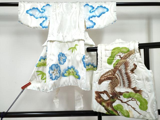 平和屋着物[]七五三　男の子　祝着・被布セット　刺繍　鷹　鷲　笹松花文　金彩　箱付き　洗える着物　DABG3209ma