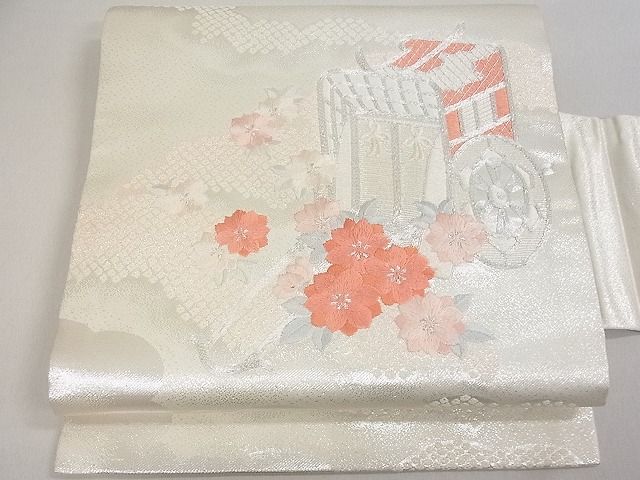 平和屋着物■九寸名古屋帯 駒刺繍 御所車花文 銀糸 逸品 uw0809