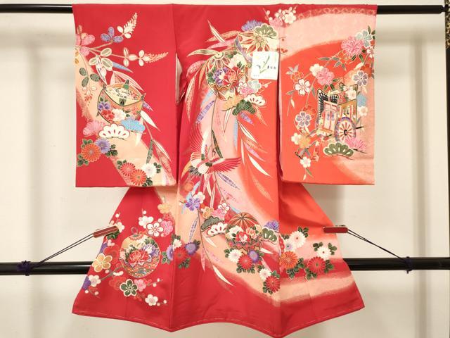 乐天商城 - 平和屋着物[]お宮参り　女の子　祝着　産着　初着　のしめ　飛鶴鈴花文　暈し染め　金彩　箱付き　逸品　未使用　DABC5106ma