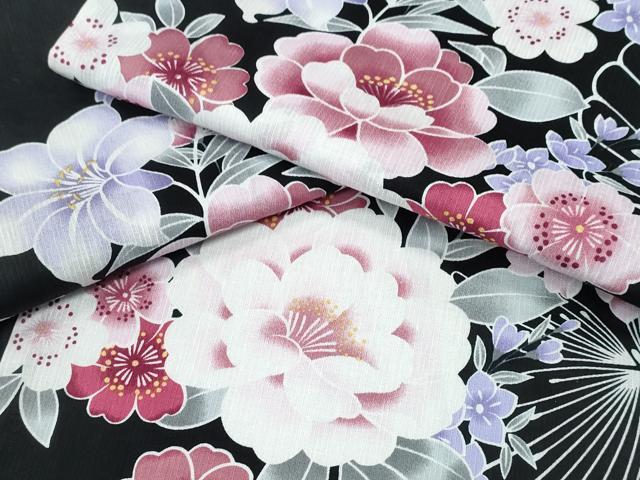 平和屋着物∴夏物　浴衣　舞蝶牡丹梅花文　黒地　綿　逸品　CABD2581ng