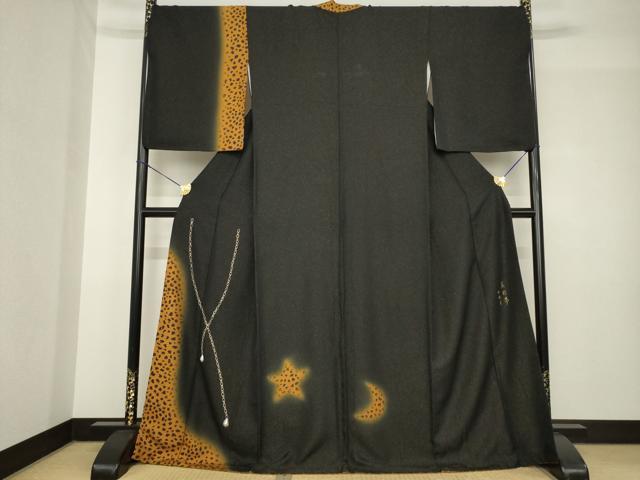 平和屋着物●訪問着　美彩夢　ヒョウ柄　黒地　金彩　金通し地　ロング丈　正絹　逸品　AABH4275ck