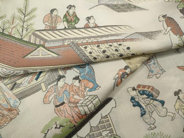 平和屋着物●上質なお召　雲取り風景人物文　正絹　逸品　CABD7431ut