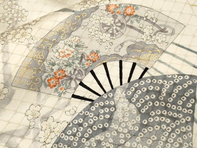 Rakuten - 平和屋着物■上質な小紋　扇面草花文　金彩　正絹　逸品　CABH9167ev