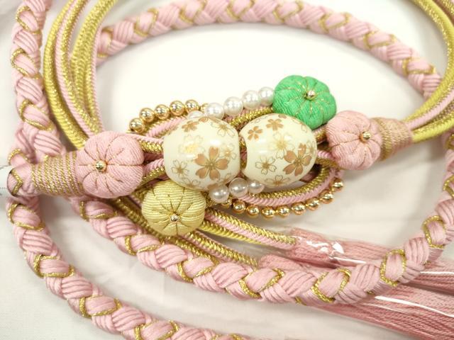 Other - 平和屋着物●和装小物　振袖用帯締め　飾り付き　縮緬花飾り　飾り玉　パール　鴇色　金糸　撚り房　逸品　未使用　CABC1029ju