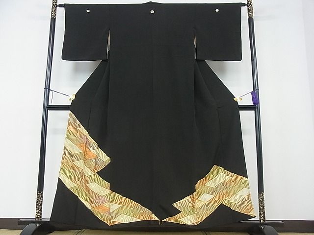 平和屋着物■豪華黒留袖 駒刺繍 菱文 金彩 逸品 fe3412