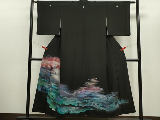 Full-Length Under-Kimono - 平和屋着物■豪華黒留袖　水辺人物風景文　暈し染め　金銀彩　正絹　逸品　CABD9896ze