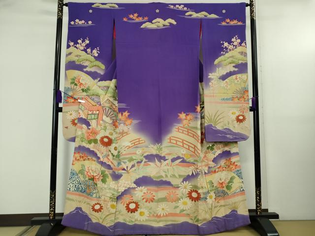 Kimono - 平和屋本店●極上　アンティーク　大正ロマン　振袖　御所車渡橋花文　暈し染め　逸品　DZAB5410kh6