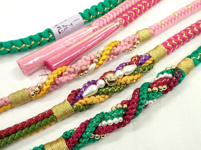 Rakuten - 平和屋着物▼和装小物　帯締め3本セット　振袖用　飾り付き　パール　赤　紺青　苔色　金糸　逸品　未使用　CABD8659ju