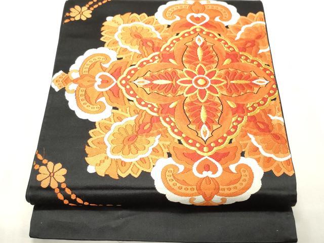 平和屋着物◎六通柄袋帯 唐織 正倉院花文 黒地 金糸 正絹 逸品 未使用 CABE1182vf