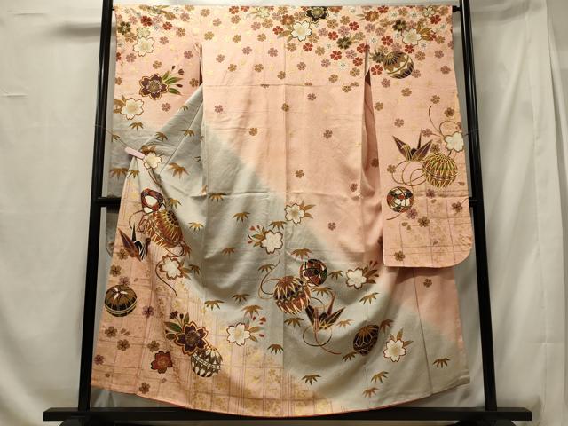 Kimono - 平和屋着物■豪華振袖　舞桜鞠文　折り鶴　暈し染め　金彩　正絹　逸品　CABG5690oy