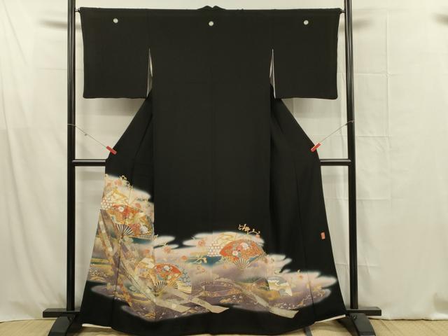 Rakuten - 平和屋着物■豪華黒留袖　駒刺繍　扇面鳳凰花文　暈し染め　金彩　正絹　逸品　DABF6816qp