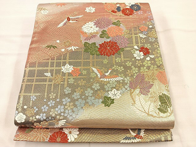 平和屋着物◎六通柄袋帯　唐織　飛鶴引き寄せ花丸文　金糸　正絹　逸品　BAAI6761di