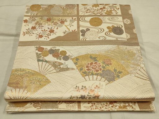 平和屋着物◎六通柄袋帯 扇面草花文 金銀糸 正絹 逸品 AAAR4631ou 平和屋着物◎六通柄袋帯 扇面草花文 金銀糸 正絹 逸品 AAAR4631ou