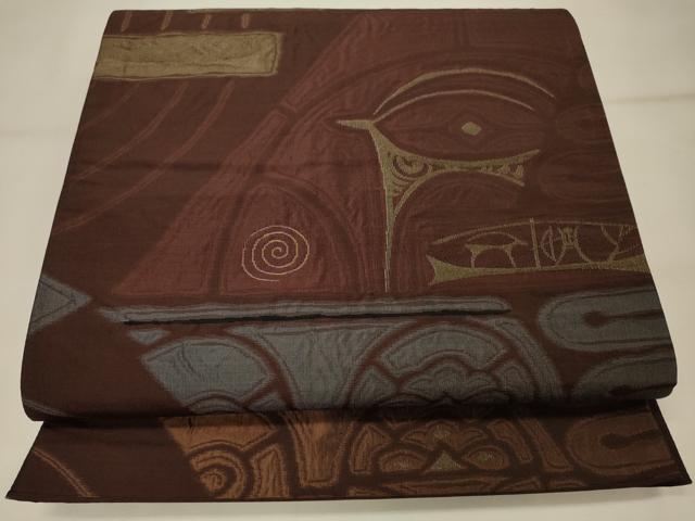 平和屋着物◎六通柄袋帯　ふくれ織　幾何学文様　金糸　正絹　逸品　DAAO9456bc