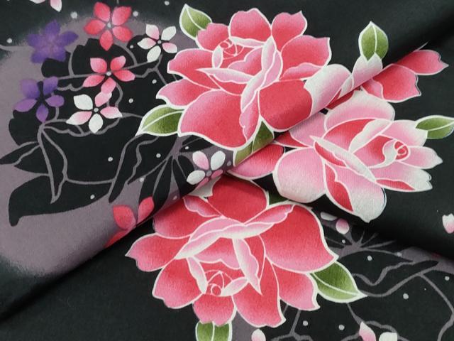Female Yukatas - 平和屋着物∴夏物　浴衣　満月　薔薇　バラ　黒地　綿　逸品　CABD2668ng