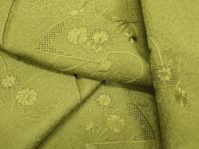 Rakuten - 平和屋着物▼中国三大刺繍　スワトウ刺繍　汕頭刺繍　総刺繍　訪問着　扇面花文　青丹色　正絹　逸品　DABD5432fe
