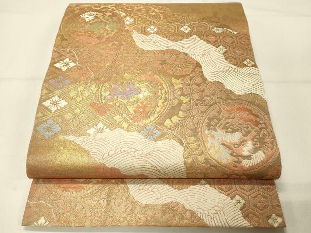 平和屋着物◎西陣　服部織物謹製　六通柄袋帯　こはく錦　道長花鳥文　金糸　手工芸　正絹　逸品　DABE3523qp