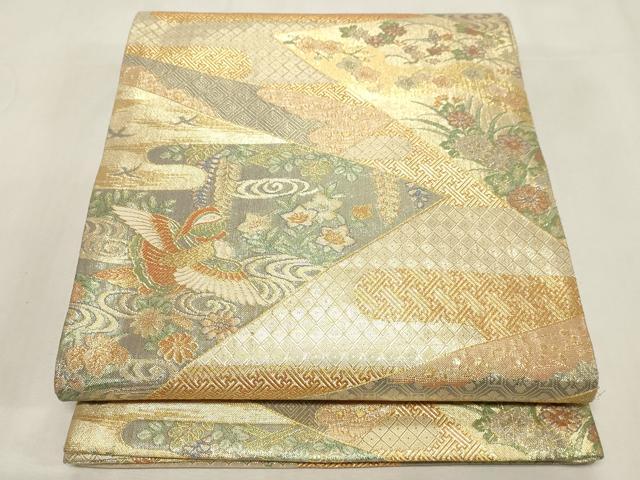 平和屋着物▼宝珠本佐賀錦　六通柄袋帯　九寸錦　花車飛鳥文　金糸　正絹　逸品　CABE9434dy