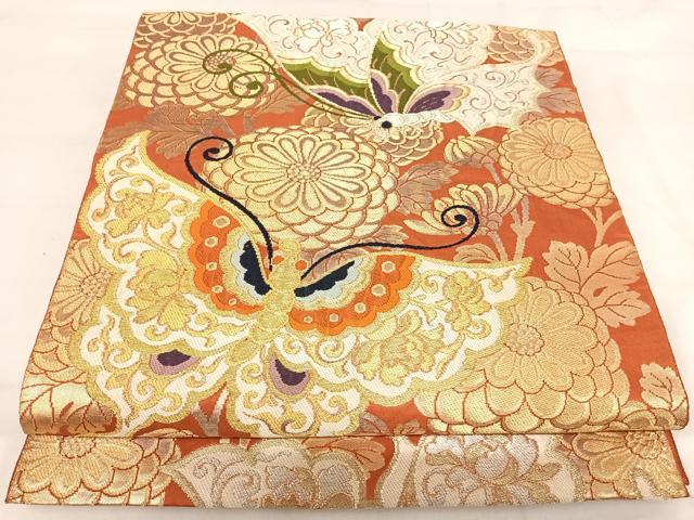 平和屋着物◎六通柄袋帯　唐織　花蝶文　金銀糸　正絹　逸品　AABI1095yx