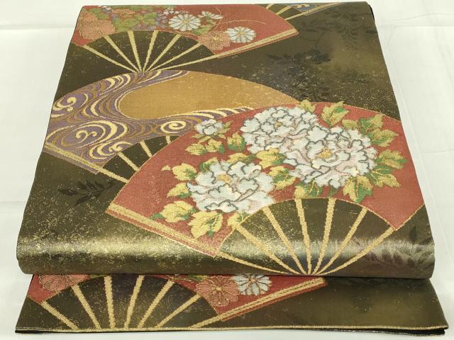 平和屋着物◎六通柄袋帯　扇面花文　金糸　正絹　逸品　DABC9905qp