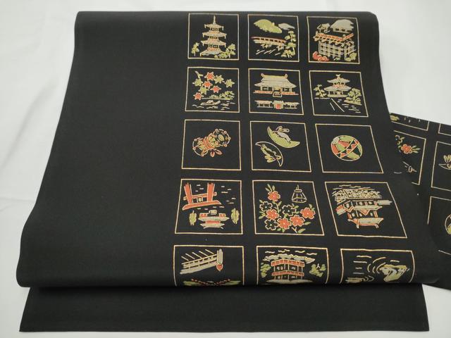Other - 平和屋着物●九寸名古屋帯　兎　風景文　黒地　金糸　正絹　逸品　CABE4496hy
