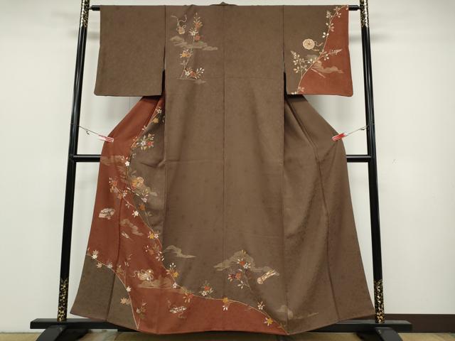 Full-Length Under-Kimono - 平和屋着物●訪問着　駒刺繍　楽器扇面枝花文　金彩　正絹　逸品　CAAY5043ut