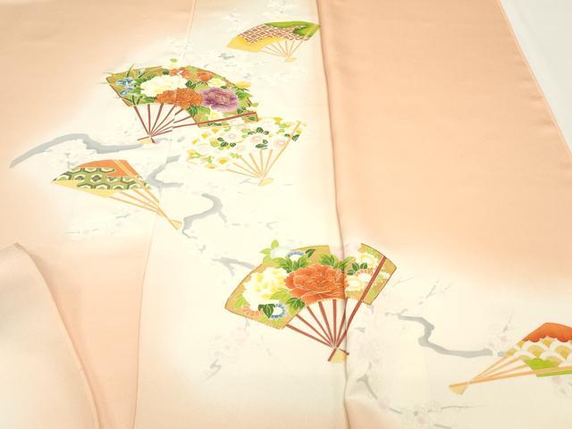 平和屋着物▼付下げ　反物　着尺　駒刺繍　扇面草花文　暈し染め　金彩　逸品　未使用　DABC4459zy