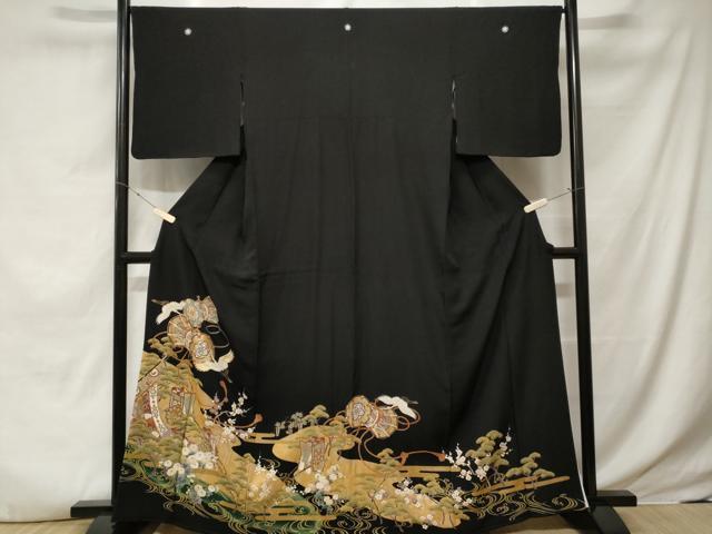平和屋着物■豪華黒留袖　駒刺繍　鼓　御所車飛鶴文　暈し染め　金銀彩　正絹　逸品　CABE7621ev
