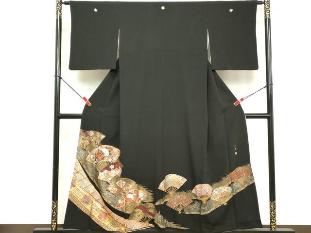 平和屋着物■豪華黒留袖　駒刺繍　扇面花文　金銀彩　正絹　逸品　DABE2535cd