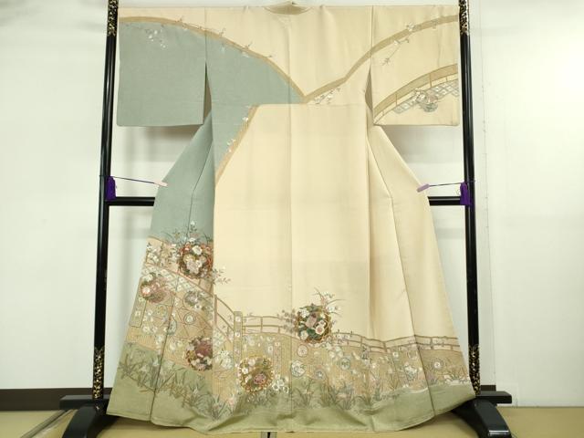 平和屋本店●極上　中国三大刺繍　スワトウ刺繍　汕頭刺繍　訪問着　四季花文　肌色地　金糸　やまと誂製　逸品　DZAB5826kh6