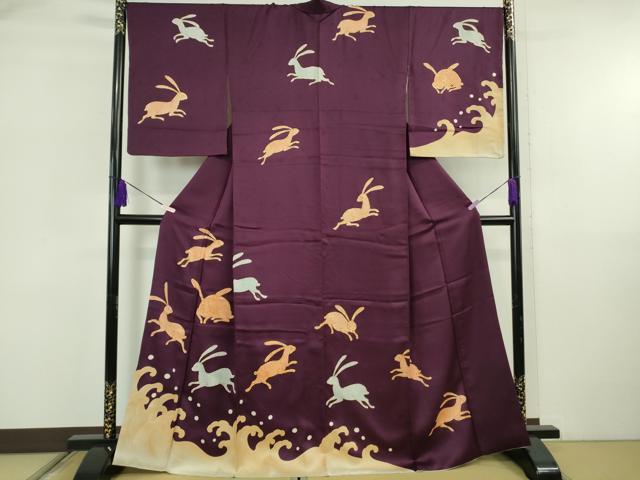 乐天商城 - 平和屋本店●極上　訪問着　駒刺繍　立波　兎　うさぎ　紫紺色地　金彩　逸品　DZAB5887kh6