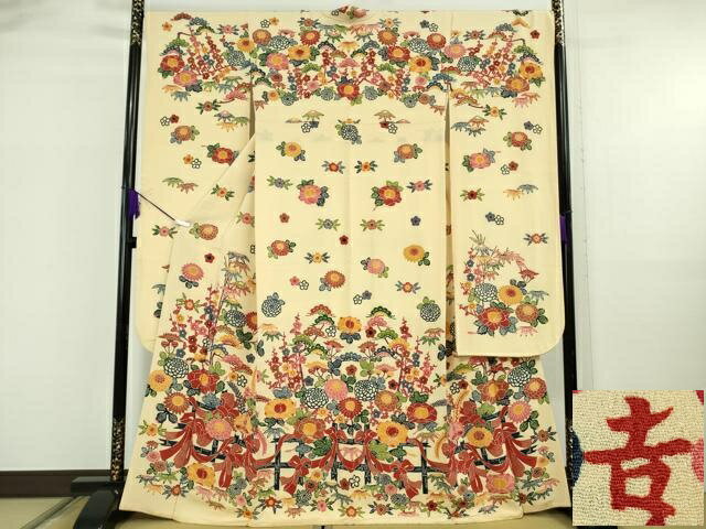 Kimono - 平和屋本店●極上　和染紅型　栗山紅型　栗山吉三郎　振袖　吉祥花文　砥粉色地　鬼しぼ縮緬　逸品　DZAB5903kh6