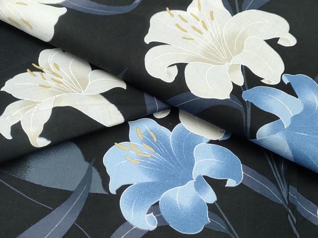 Female Yukatas - 平和屋着物∴夏物　浴衣　ゆり　百合　黒地　綿　逸品　CABD2789ng