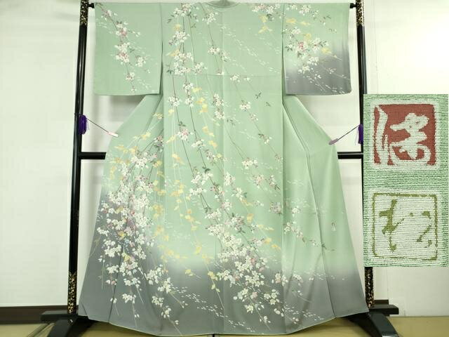 平和屋本店●極上　京加賀友禅　松本健一　振袖　鴛鴦　枝垂れ花　濃い紅掛花色地　逸品　DZAB4968kh6 平和屋本店□極上 京加賀友禅 松本健一 振袖 鴛鴦 たたき染め 逸品