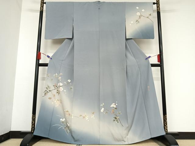 平和屋着物●極上　京加賀友禅　百貫達雄　訪問着　鶉　楓　パウダーブルー色地　暈し染め　逸品　DZAB4173kh6 平和屋着物○極上 京加賀友禅 百貫達雄 訪問着 鶉 楓 パウダーブルー色
