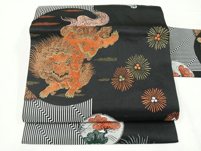 タロウ　染め帯　連獅子　名古屋帯 塩瀬染め帯の逸品 リサイクル名古屋帯 染め帯 連獅子 歌舞伎柄 日本