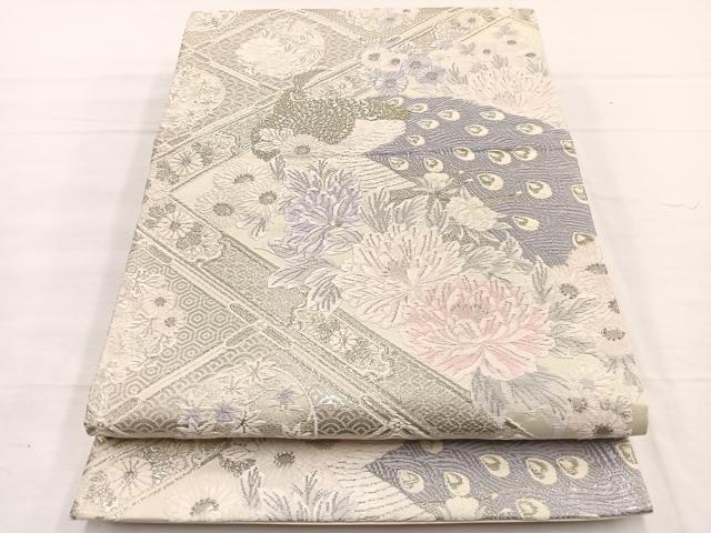 平和屋着物◎六通柄袋帯　唐織　菱天井孔雀花文　プラチナ箔　正絹　逸品　BAAX0733hv