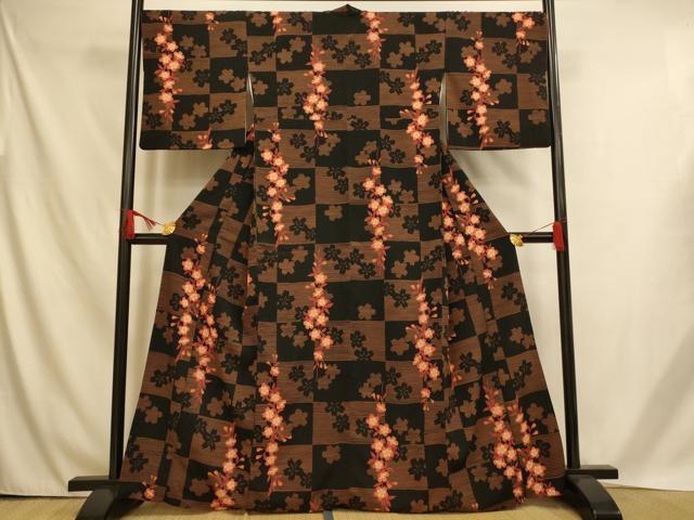 平和屋着物■小紋 桜格子 洗える着物 AABH4554fw